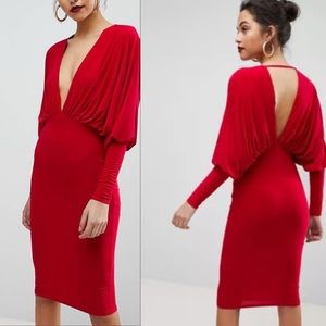 CLUB L LONDON Red Batwing V Plunge Gathered Detailed Midi Dress ASOS Sz 6